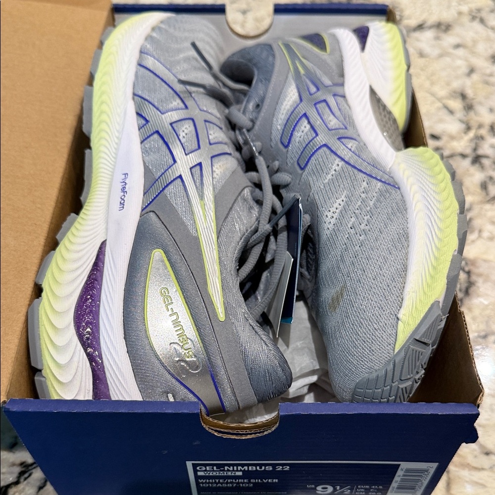 Asics Gel-Nimbus 22 in White Purple and Silver and Lime Green